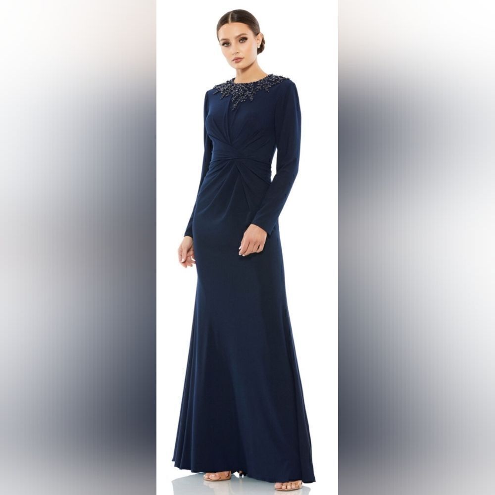 Mac Duggal 55713 Pleated Waist Beaded Neck Dress NWT size 12 Midnight Blue
